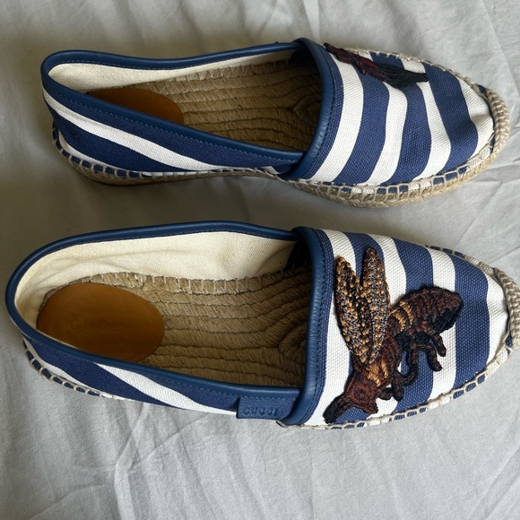 Gucci Blue/White Striped Canvas Embroidered Espadrille Flats EU 37 1/2 US 7 - Picture 2 of 6